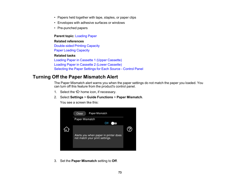 Turning off the paper mismatch alert | Epson EcoTank Photo ET-8500 Wireless Color All-in-One Supertank Printer User Manual | Page 73 / 346