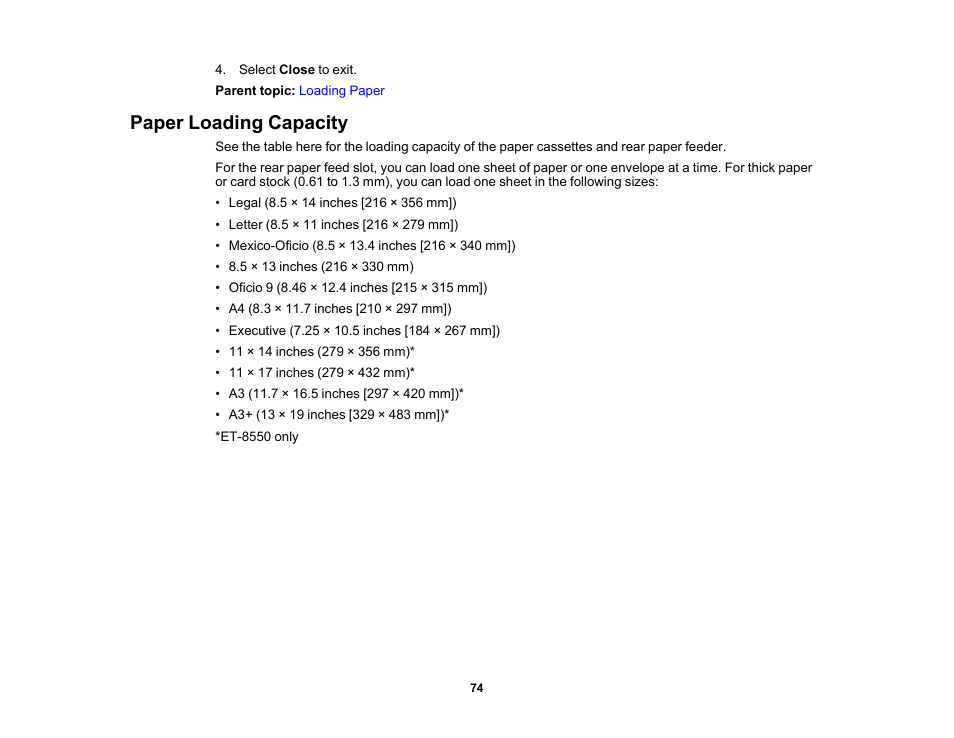 Paper loading capacity | Epson EcoTank Photo ET-8500 Wireless Color All-in-One Supertank Printer User Manual | Page 74 / 346