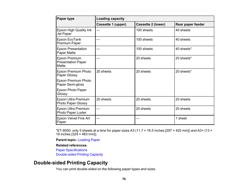 Double-sided printing capacity | Epson EcoTank Photo ET-8500 Wireless Color All-in-One Supertank Printer User Manual | Page 76 / 346