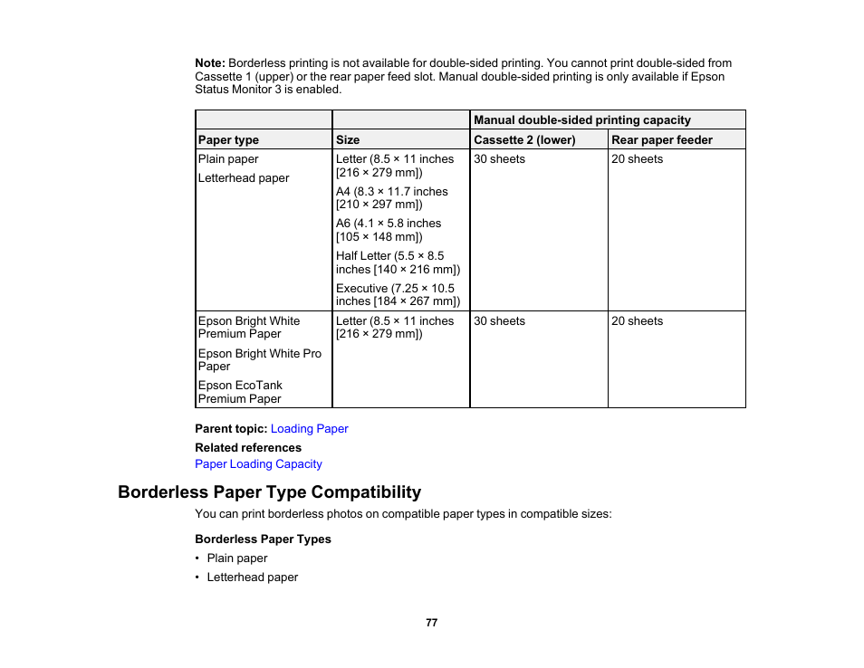 Borderless paper type compatibility | Epson EcoTank Photo ET-8500 Wireless Color All-in-One Supertank Printer User Manual | Page 77 / 346