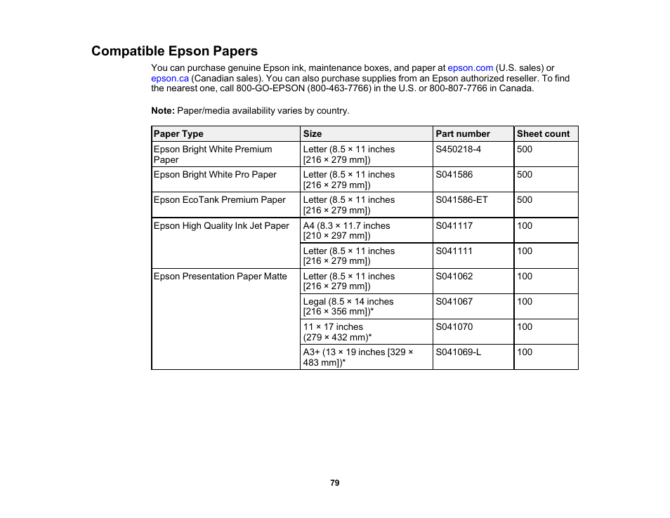 Compatible epson papers | Epson EcoTank Photo ET-8500 Wireless Color All-in-One Supertank Printer User Manual | Page 79 / 346