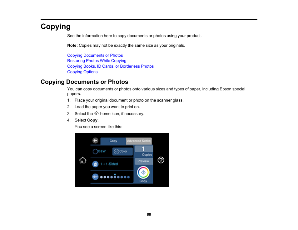 Copying, Copying documents or photos | Epson EcoTank Photo ET-8500 Wireless Color All-in-One Supertank Printer User Manual | Page 88 / 346