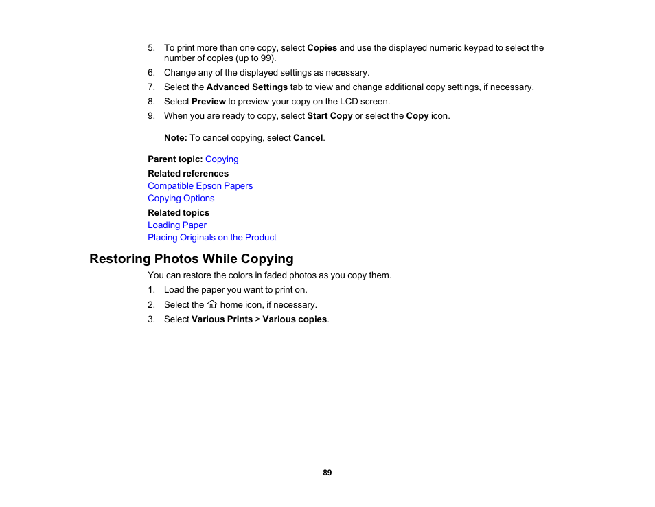 Restoring photos while copying | Epson EcoTank Photo ET-8500 Wireless Color All-in-One Supertank Printer User Manual | Page 89 / 346