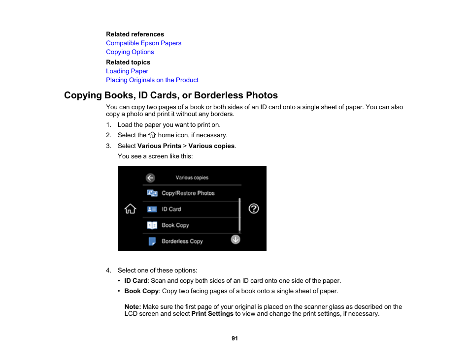 Copying books, id cards, or borderless photos | Epson EcoTank Photo ET-8500 Wireless Color All-in-One Supertank Printer User Manual | Page 91 / 346