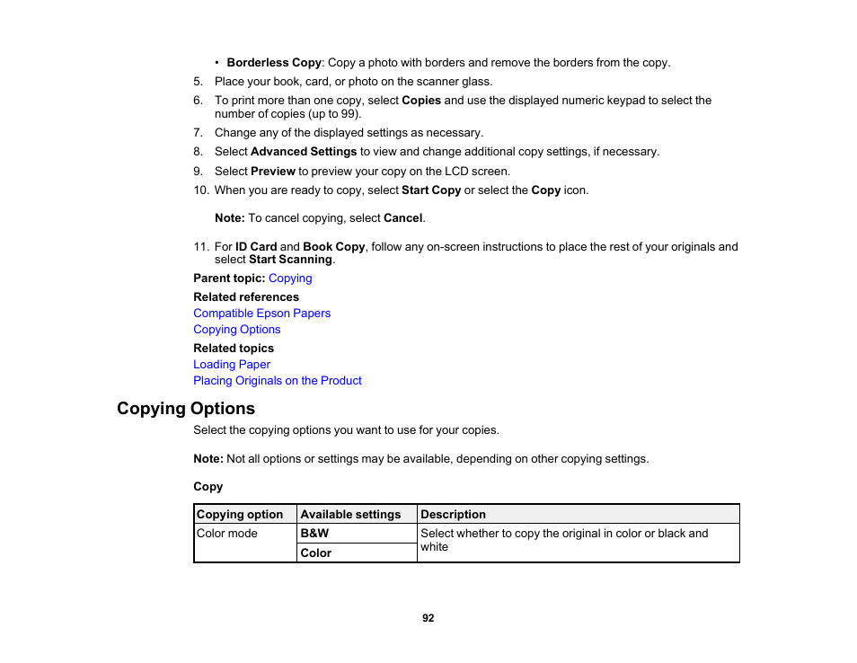 Copying options | Epson EcoTank Photo ET-8500 Wireless Color All-in-One Supertank Printer User Manual | Page 92 / 346