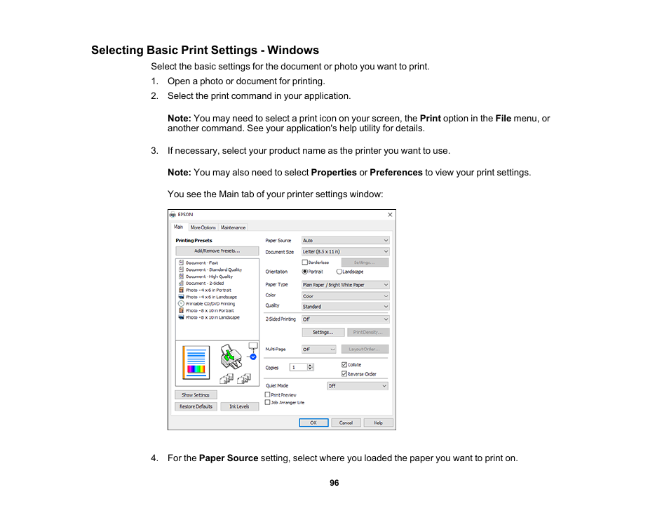 Selecting basic print settings - windows | Epson EcoTank Photo ET-8500 Wireless Color All-in-One Supertank Printer User Manual | Page 96 / 346
