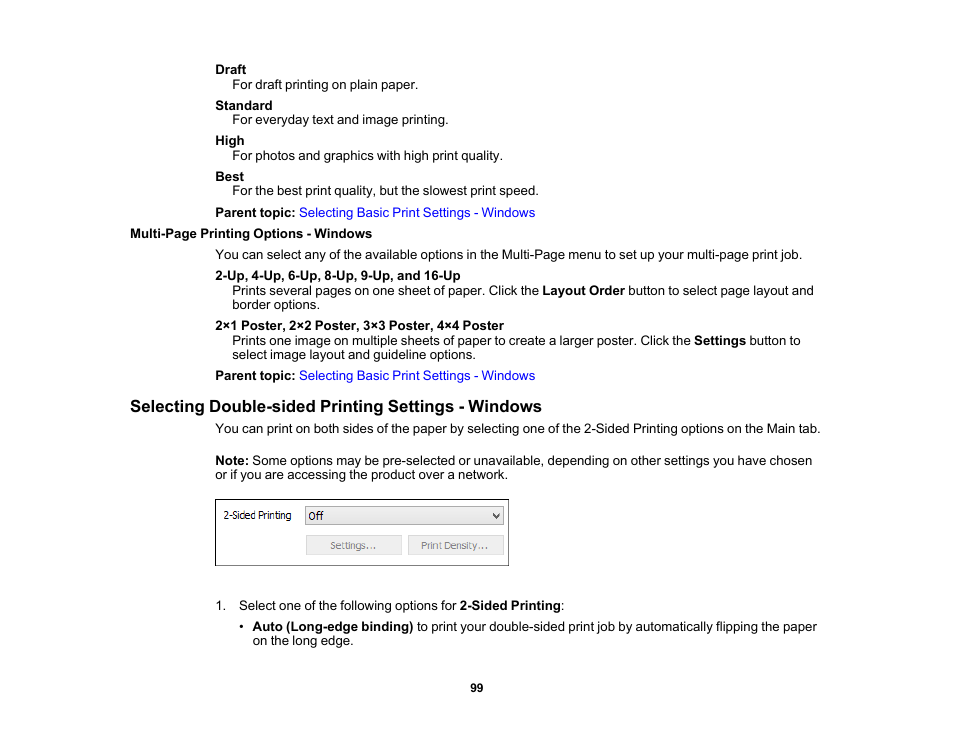 Selecting double-sided printing settings - windows | Epson EcoTank Photo ET-8500 Wireless Color All-in-One Supertank Printer User Manual | Page 99 / 346