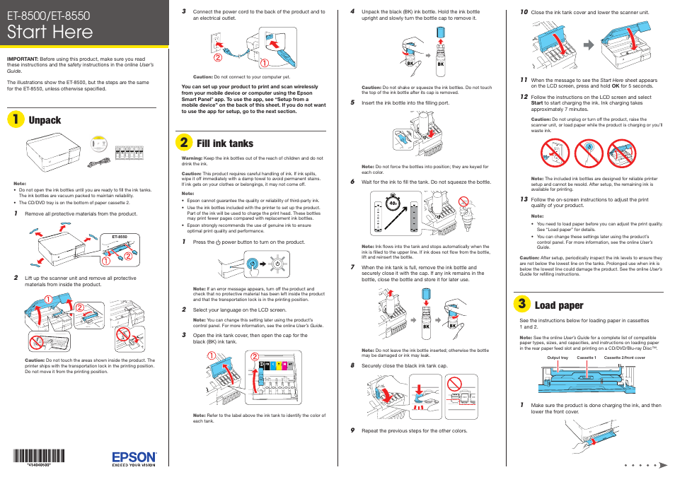 Load paper, Start here, Unpack | Fill ink tanks | Epson EcoTank Photo ET-8500 Wireless Color All-in-One Supertank Printer User Manual | Page 2 / 4