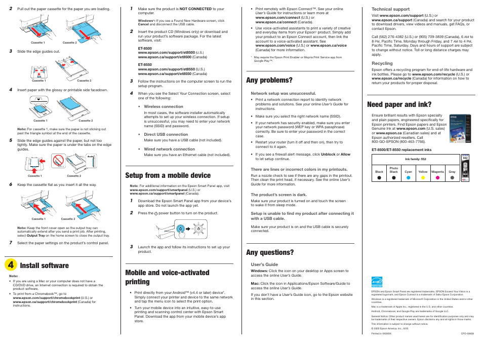 Setup from a mobile device, Mobile and voice-activated printing, Install software | Any problems, Any questions, Need paper and ink | Epson EcoTank Photo ET-8500 Wireless Color All-in-One Supertank Printer User Manual | Page 3 / 4
