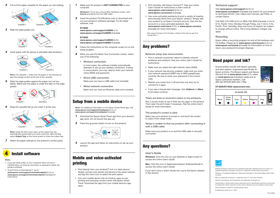 Install software, Mobile and voice-activated printing, Any problems | Any questions, Need paper and ink, Setup from a mobile device | Epson EcoTank Photo ET-8500 Wireless Color All-in-One Supertank Printer User Manual | Page 4 / 4