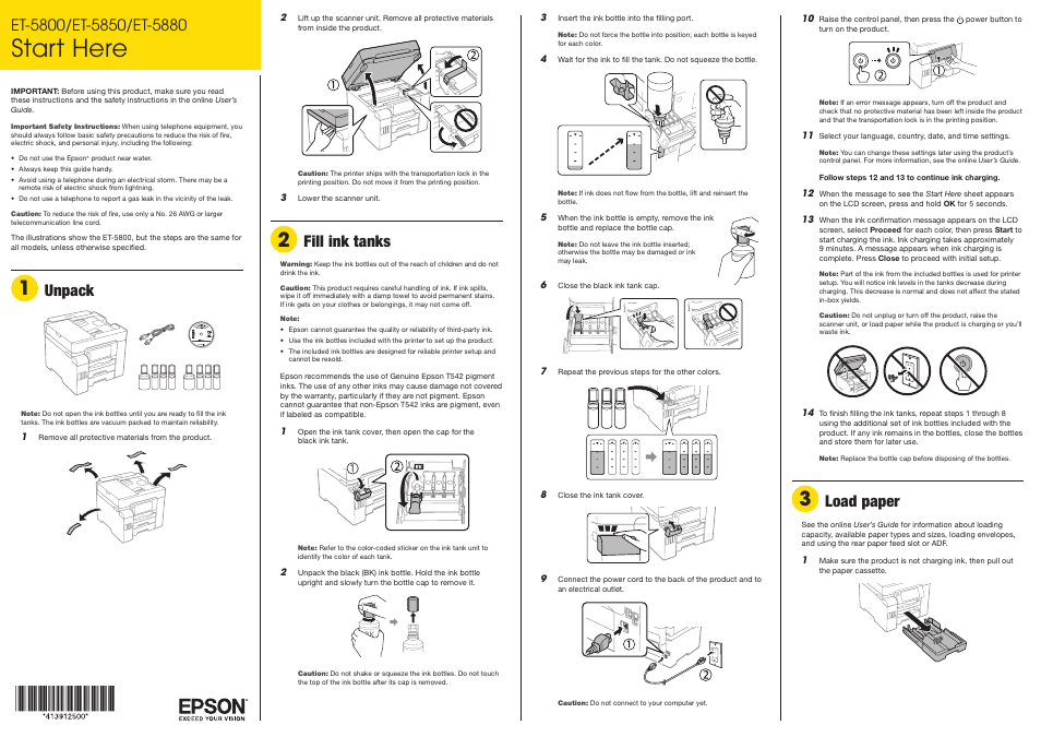 Load paper, Start here, Unpack | Fill ink tanks | Epson EcoTank Pro ET-5880 All-in-One Cartridge-Free Supertank Printer with PCL Support User Manual | Page 2 / 4