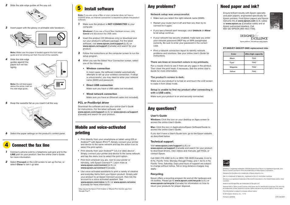 Connect the fax line, Install software, Mobile and voice-activated printing | Any problems, Any questions, Need paper and ink | Epson EcoTank Pro ET-5880 All-in-One Cartridge-Free Supertank Printer with PCL Support User Manual | Page 3 / 4