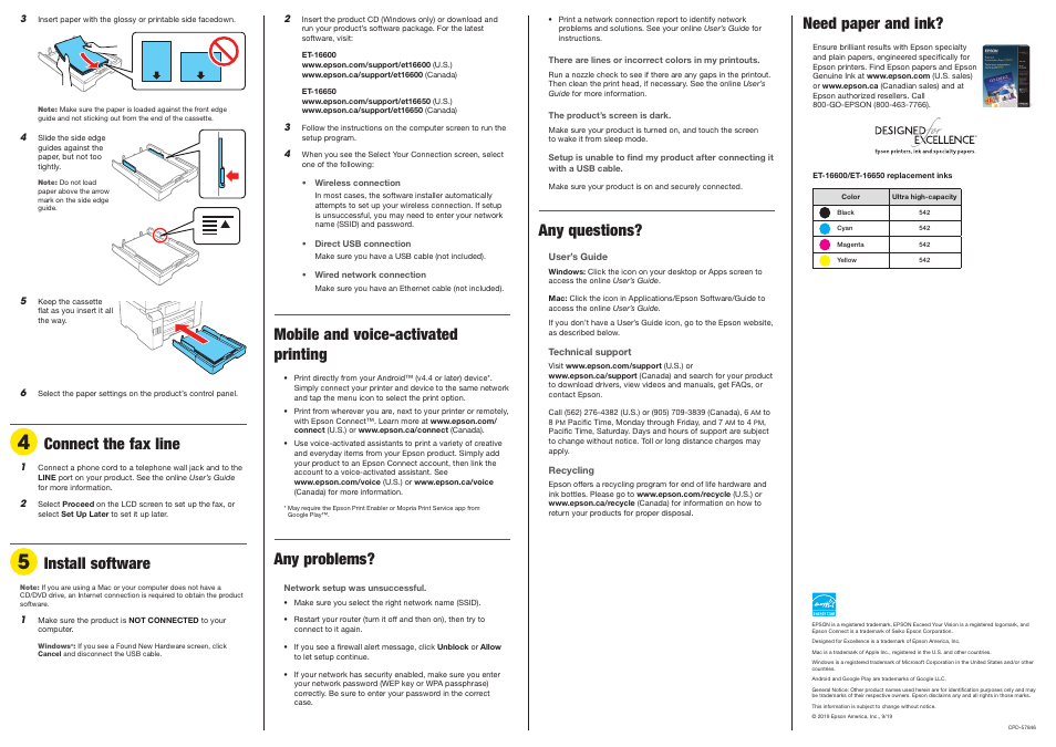 Install software, Any problems, Any questions | Need paper and ink, Mobile and voice-activated printing, Connect the fax line | Epson EcoTank Pro ET-16600 Wide-Format All-in-One Supertank Printer User Manual | Page 4 / 4