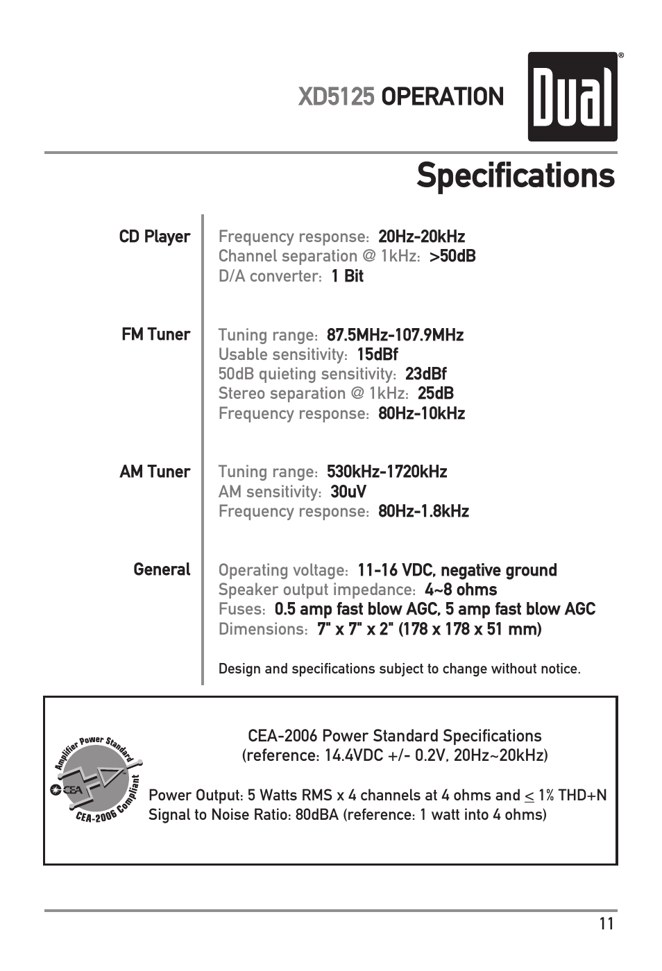 Specifications, Xd5125 operation | Dual XD5125 User Manual | Page 11 / 12