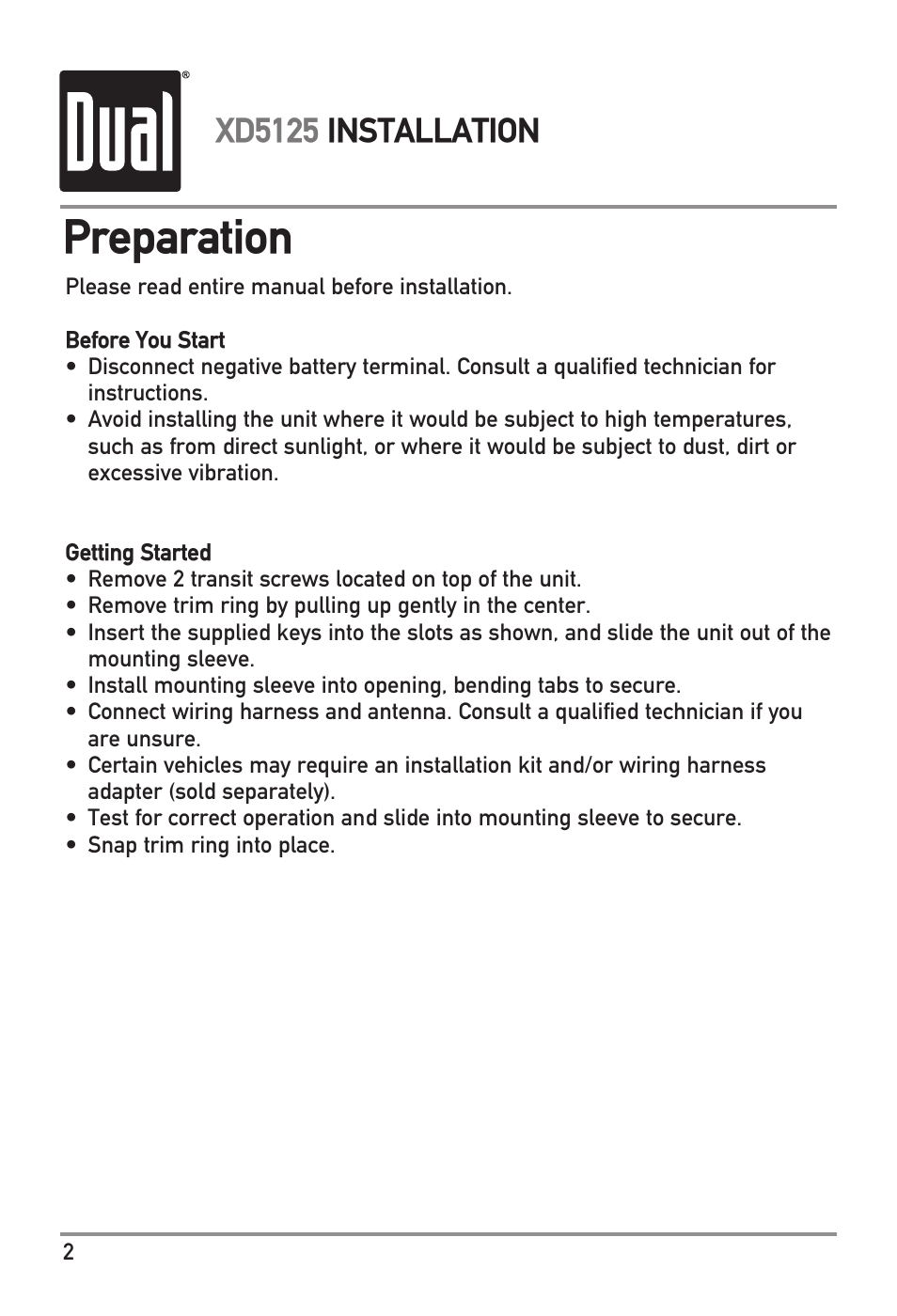 Preparation, Xd5125 installation | Dual XD5125 User Manual | Page 2 / 12