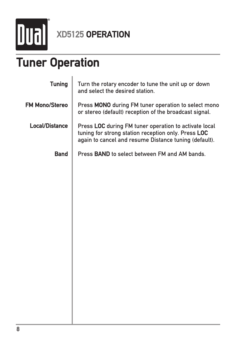 Tuner operation, Xd5125 operation | Dual XD5125 User Manual | Page 8 / 12