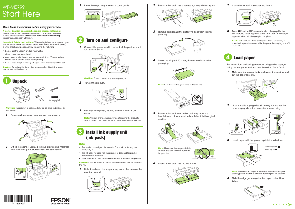 Load paper, Start here, Unpack | Turn on and configure, Install ink supply unit (ink pack), Wf-m5799, Read these instructions before using your product | Epson WorkForce Pro WF-M5799 Workgroup Monochrome Multifunction Printer with Replaceable Ink Pack System User Manual | Page 2 / 4