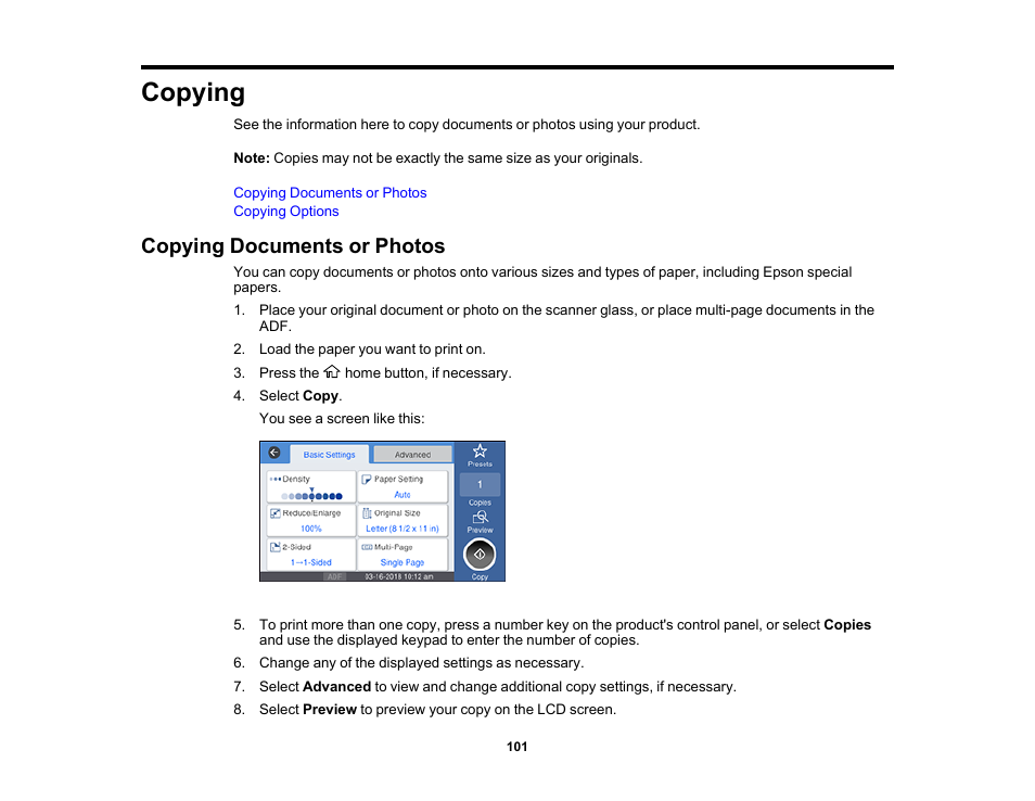 Copying, Copying documents or photos | Epson WorkForce Pro WF-M5799 Workgroup Monochrome Multifunction Printer with Replaceable Ink Pack System User Manual | Page 101 / 404