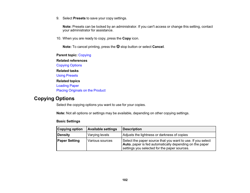 Copying options | Epson WorkForce Pro WF-M5799 Workgroup Monochrome Multifunction Printer with Replaceable Ink Pack System User Manual | Page 102 / 404