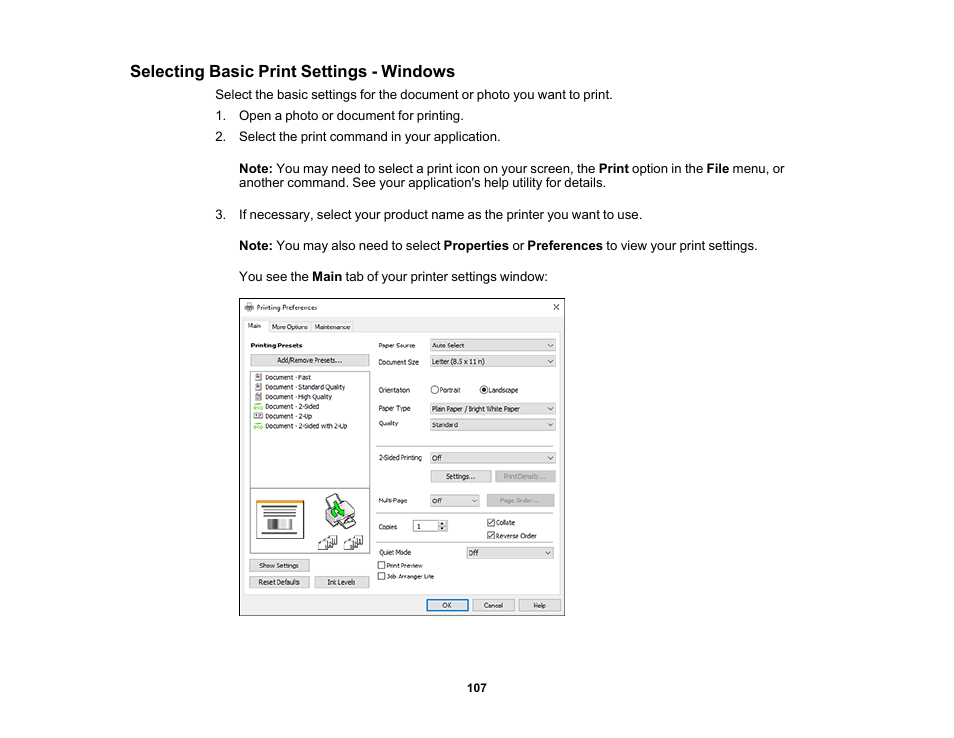 Selecting basic print settings - windows | Epson WorkForce Pro WF-M5799 Workgroup Monochrome Multifunction Printer with Replaceable Ink Pack System User Manual | Page 107 / 404