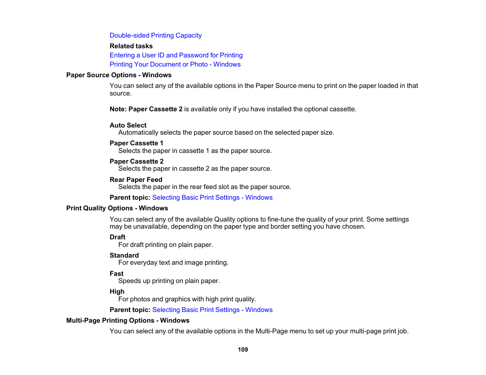 Paper source options - windows, Print quality options - windows | Epson WorkForce Pro WF-M5799 Workgroup Monochrome Multifunction Printer with Replaceable Ink Pack System User Manual | Page 109 / 404