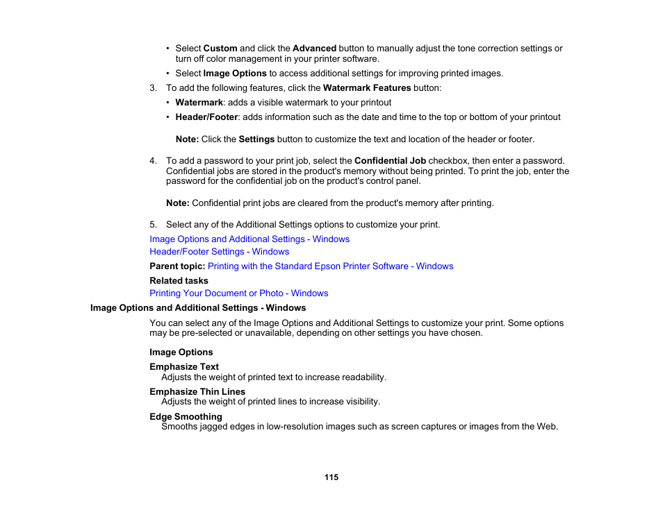 Image options and additional settings - windows | Epson WorkForce Pro WF-M5799 Workgroup Monochrome Multifunction Printer with Replaceable Ink Pack System User Manual | Page 115 / 404