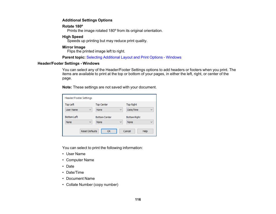 Header/footer settings - windows | Epson WorkForce Pro WF-M5799 Workgroup Monochrome Multifunction Printer with Replaceable Ink Pack System User Manual | Page 116 / 404