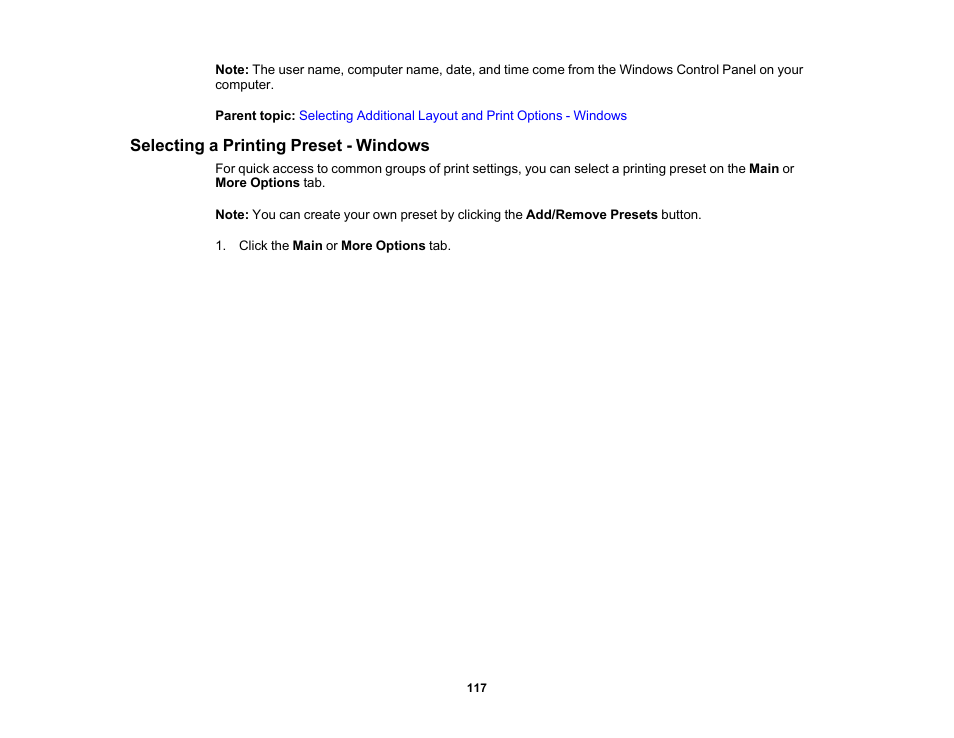 Selecting a printing preset - windows | Epson WorkForce Pro WF-M5799 Workgroup Monochrome Multifunction Printer with Replaceable Ink Pack System User Manual | Page 117 / 404