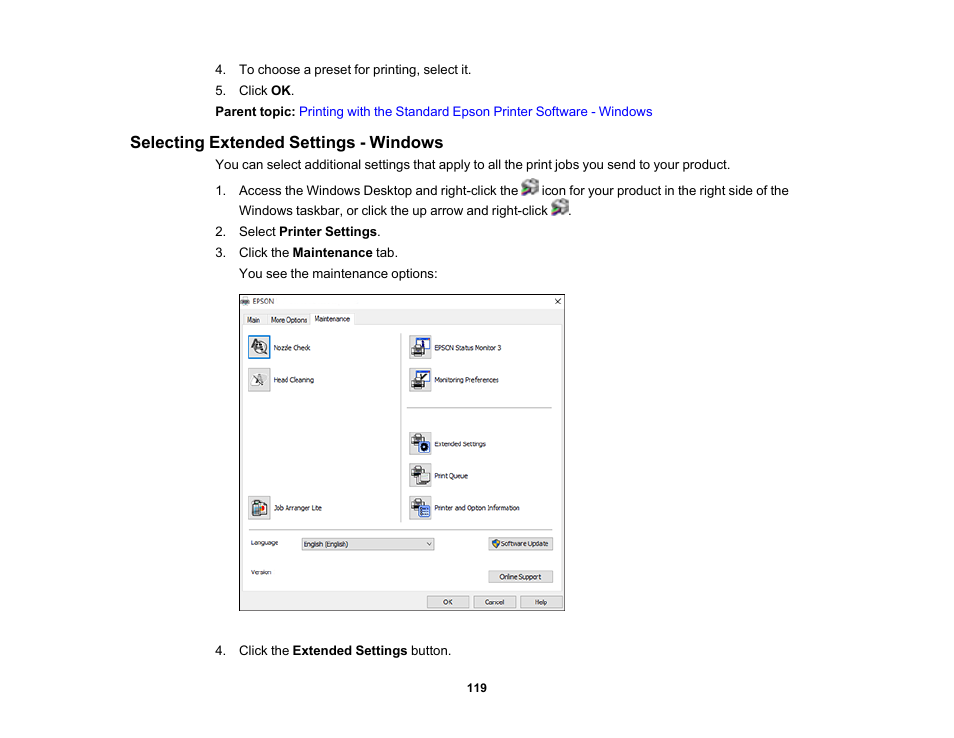 Selecting extended settings - windows | Epson WorkForce Pro WF-M5799 Workgroup Monochrome Multifunction Printer with Replaceable Ink Pack System User Manual | Page 119 / 404