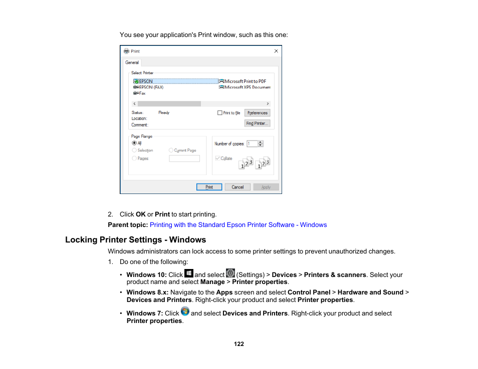 Locking printer settings - windows | Epson WorkForce Pro WF-M5799 Workgroup Monochrome Multifunction Printer with Replaceable Ink Pack System User Manual | Page 122 / 404