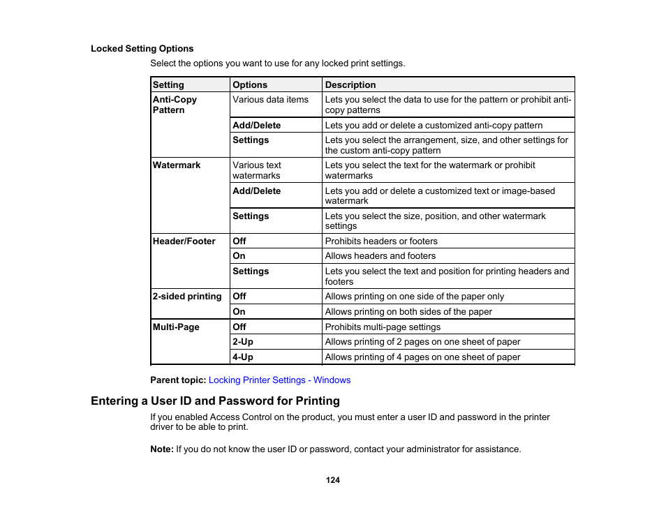 Locked setting options, Entering a user id and password for printing | Epson WorkForce Pro WF-M5799 Workgroup Monochrome Multifunction Printer with Replaceable Ink Pack System User Manual | Page 124 / 404