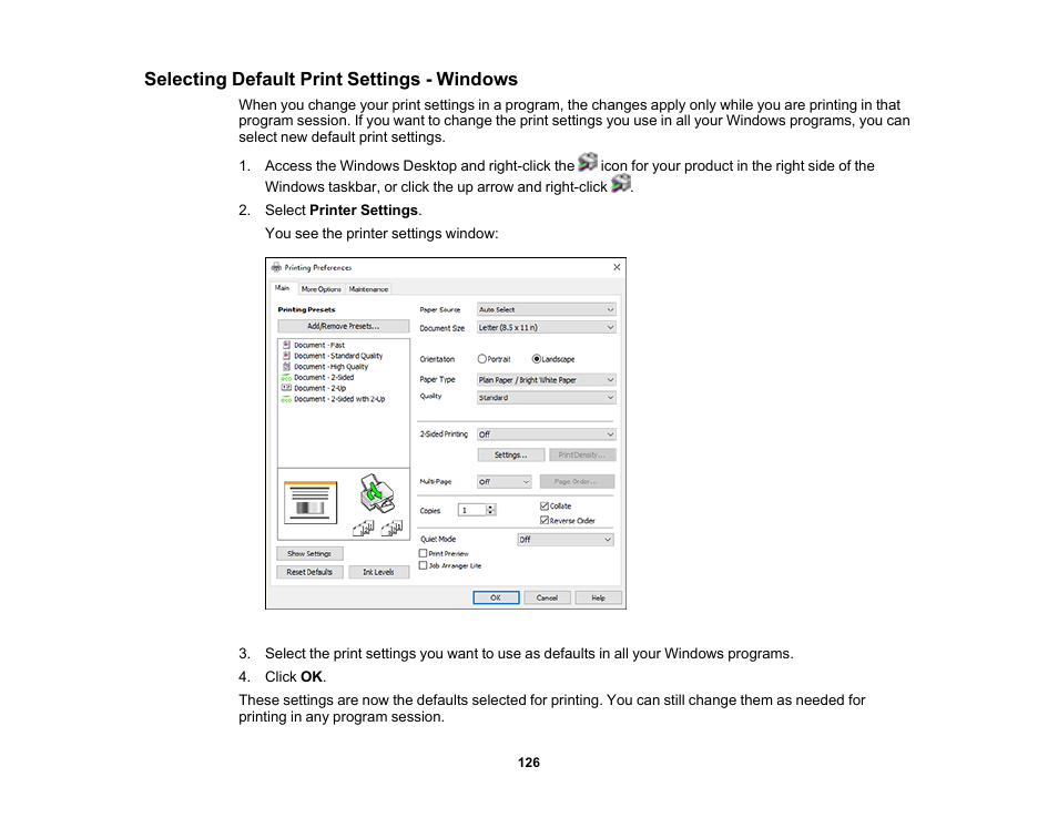 Selecting default print settings - windows | Epson WorkForce Pro WF-M5799 Workgroup Monochrome Multifunction Printer with Replaceable Ink Pack System User Manual | Page 126 / 404