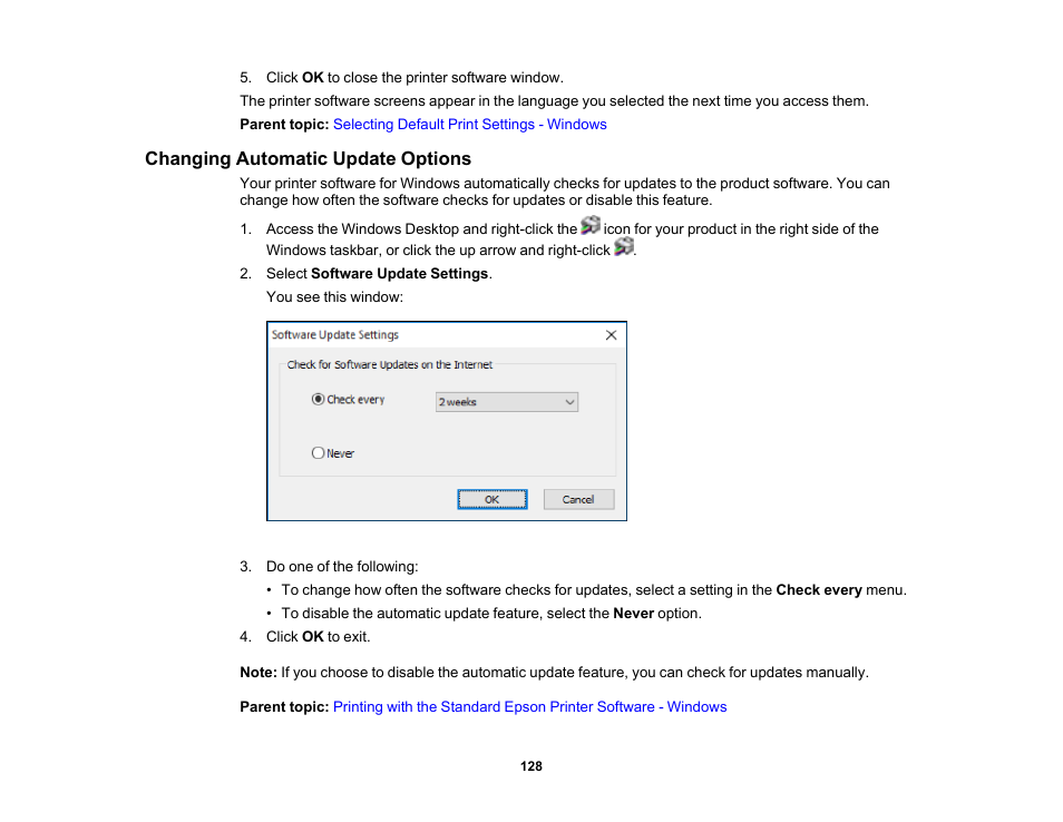 Changing automatic update options | Epson WorkForce Pro WF-M5799 Workgroup Monochrome Multifunction Printer with Replaceable Ink Pack System User Manual | Page 128 / 404