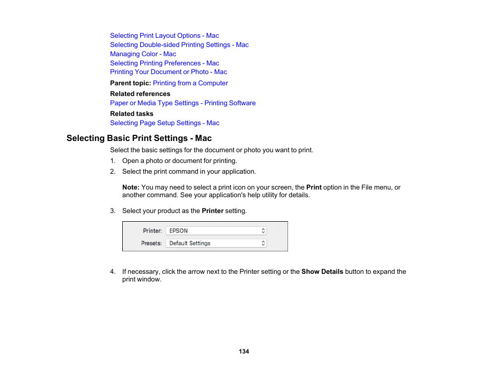 Selecting basic print settings - mac | Epson WorkForce Pro WF-M5799 Workgroup Monochrome Multifunction Printer with Replaceable Ink Pack System User Manual | Page 134 / 404