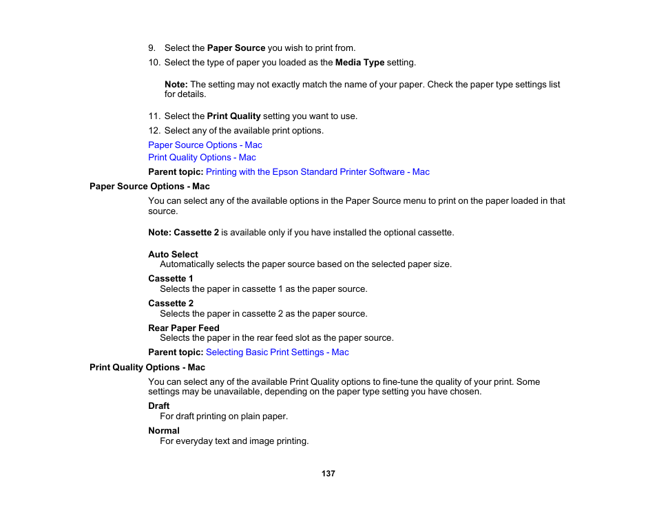 Paper source options - mac, Print quality options - mac | Epson WorkForce Pro WF-M5799 Workgroup Monochrome Multifunction Printer with Replaceable Ink Pack System User Manual | Page 137 / 404