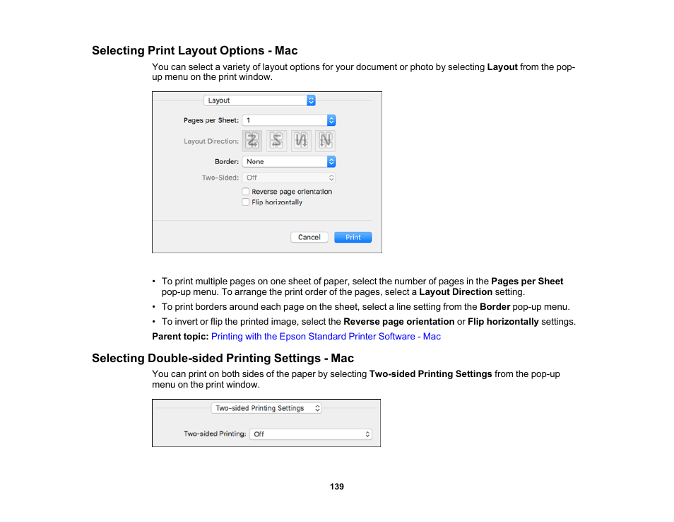 Selecting print layout options - mac, Selecting double-sided printing settings - mac | Epson WorkForce Pro WF-M5799 Workgroup Monochrome Multifunction Printer with Replaceable Ink Pack System User Manual | Page 139 / 404