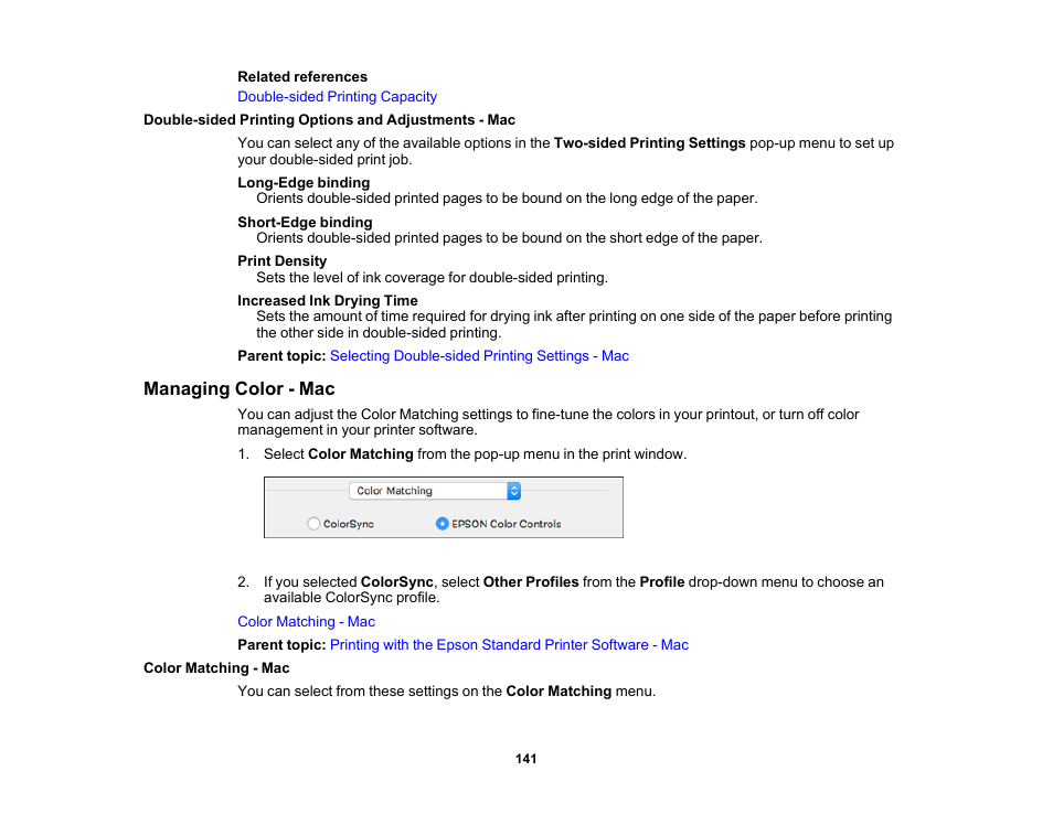 Managing color - mac, Color matching - mac | Epson WorkForce Pro WF-M5799 Workgroup Monochrome Multifunction Printer with Replaceable Ink Pack System User Manual | Page 141 / 404