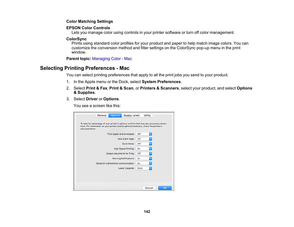 Selecting printing preferences - mac | Epson WorkForce Pro WF-M5799 Workgroup Monochrome Multifunction Printer with Replaceable Ink Pack System User Manual | Page 142 / 404