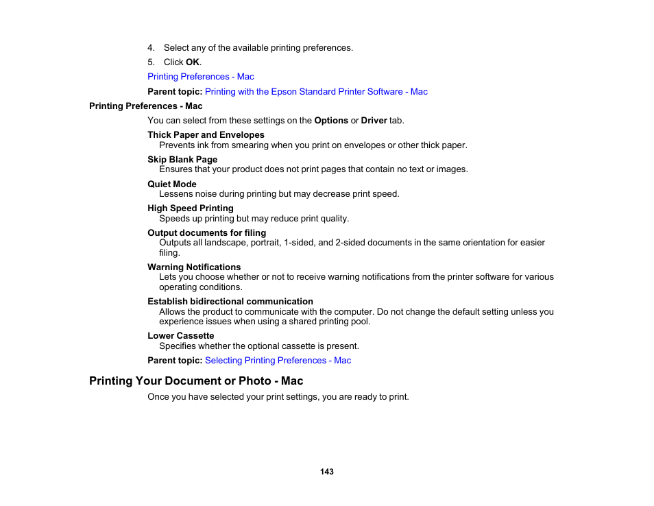 Printing preferences - mac, Printing your document or photo - mac | Epson WorkForce Pro WF-M5799 Workgroup Monochrome Multifunction Printer with Replaceable Ink Pack System User Manual | Page 143 / 404