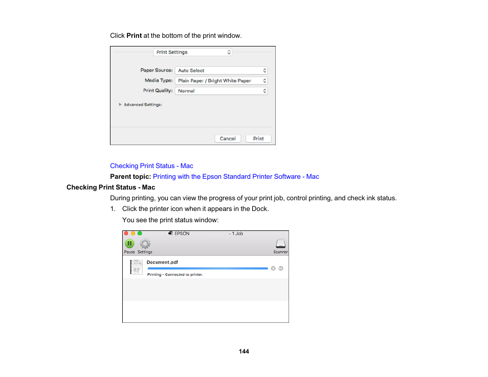 Checking print status - mac | Epson WorkForce Pro WF-M5799 Workgroup Monochrome Multifunction Printer with Replaceable Ink Pack System User Manual | Page 144 / 404