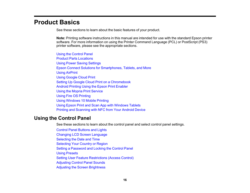 Product basics, Using the control panel | Epson WorkForce Pro WF-M5799 Workgroup Monochrome Multifunction Printer with Replaceable Ink Pack System User Manual | Page 16 / 404