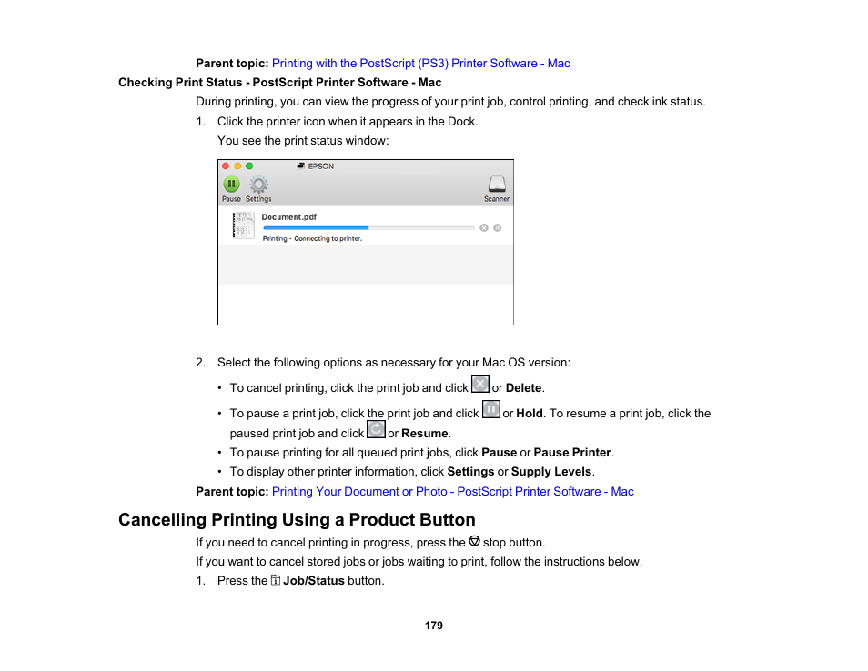 Cancelling printing using a product button | Epson WorkForce Pro WF-M5799 Workgroup Monochrome Multifunction Printer with Replaceable Ink Pack System User Manual | Page 179 / 404