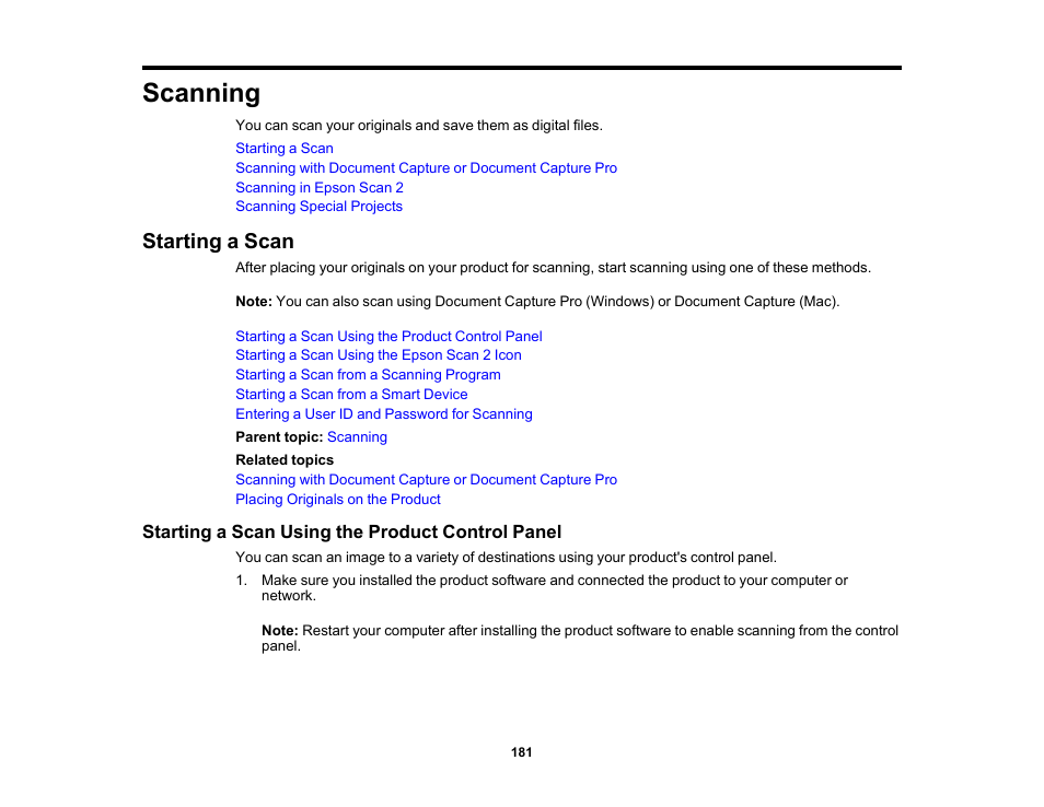 Scanning, Starting a scan, Starting a scan using the product control panel | Epson WorkForce Pro WF-M5799 Workgroup Monochrome Multifunction Printer with Replaceable Ink Pack System User Manual | Page 181 / 404