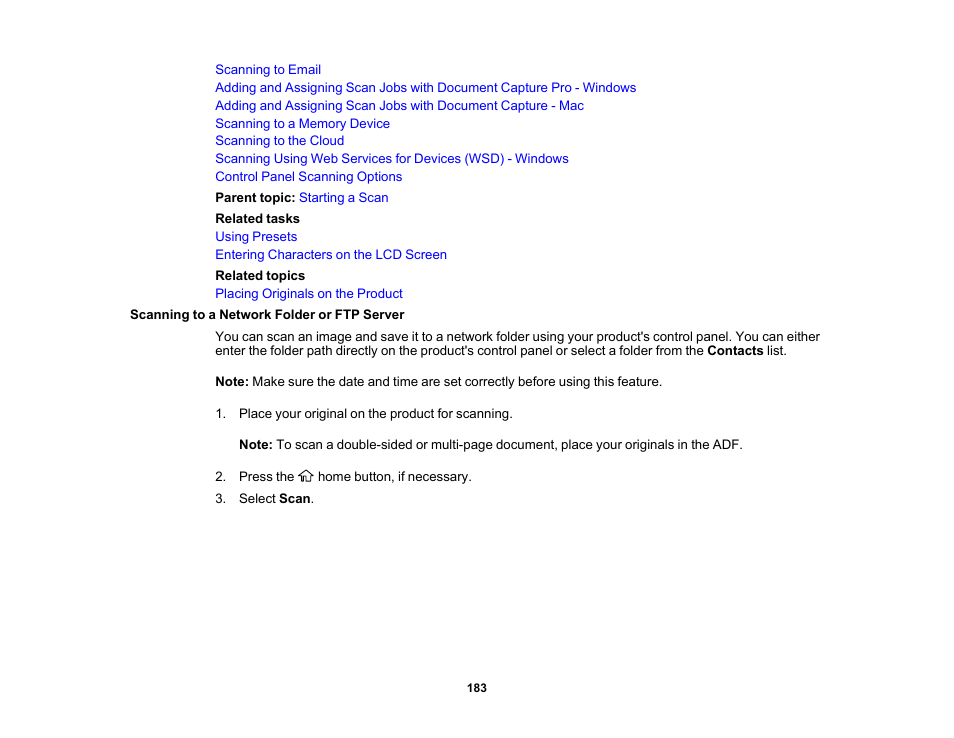 Scanning to a network folder or ftp server | Epson WorkForce Pro WF-M5799 Workgroup Monochrome Multifunction Printer with Replaceable Ink Pack System User Manual | Page 183 / 404