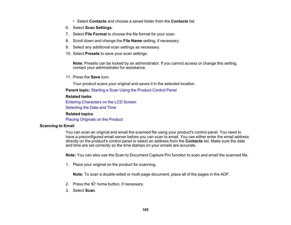 Scanning to email | Epson WorkForce Pro WF-M5799 Workgroup Monochrome Multifunction Printer with Replaceable Ink Pack System User Manual | Page 185 / 404