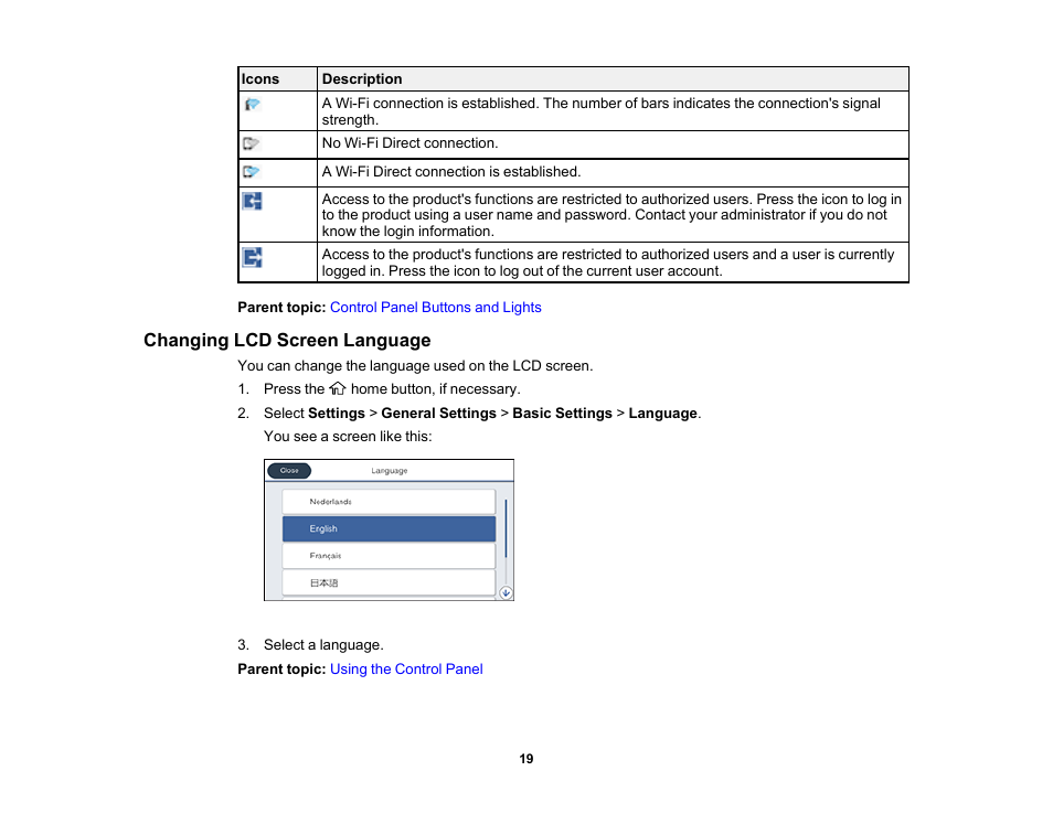 Changing lcd screen language | Epson WorkForce Pro WF-M5799 Workgroup Monochrome Multifunction Printer with Replaceable Ink Pack System User Manual | Page 19 / 404