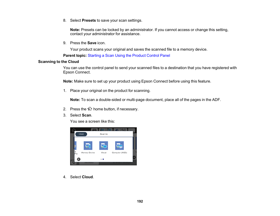 Scanning to the cloud | Epson WorkForce Pro WF-M5799 Workgroup Monochrome Multifunction Printer with Replaceable Ink Pack System User Manual | Page 192 / 404