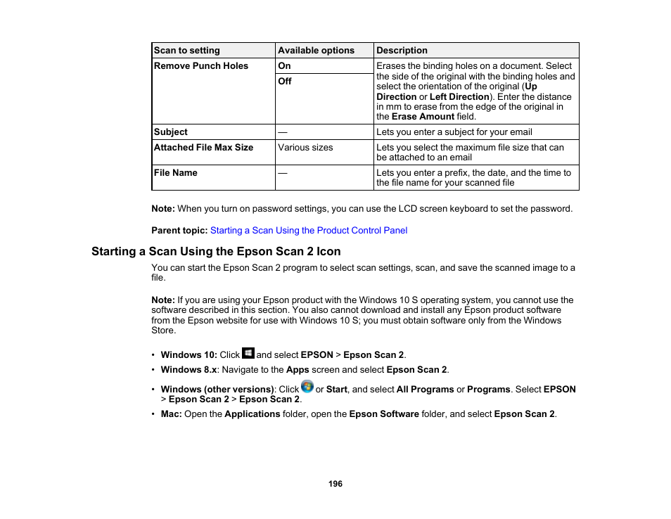 Starting a scan using the epson scan 2 icon | Epson WorkForce Pro WF-M5799 Workgroup Monochrome Multifunction Printer with Replaceable Ink Pack System User Manual | Page 196 / 404