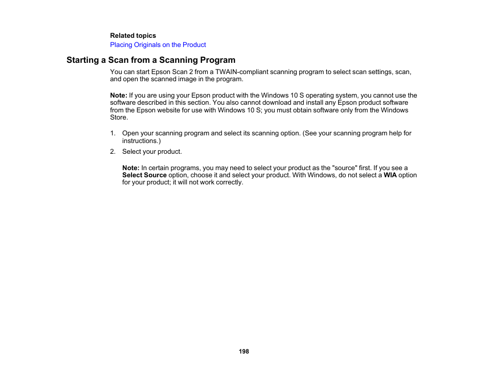 Starting a scan from a scanning program | Epson WorkForce Pro WF-M5799 Workgroup Monochrome Multifunction Printer with Replaceable Ink Pack System User Manual | Page 198 / 404