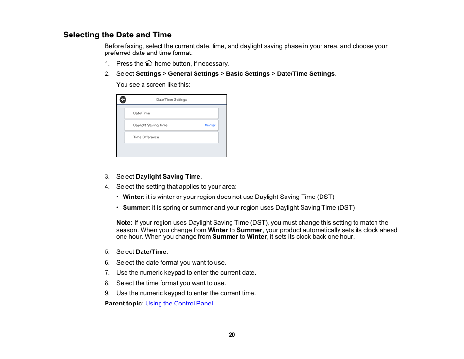 Selecting the date and time | Epson WorkForce Pro WF-M5799 Workgroup Monochrome Multifunction Printer with Replaceable Ink Pack System User Manual | Page 20 / 404